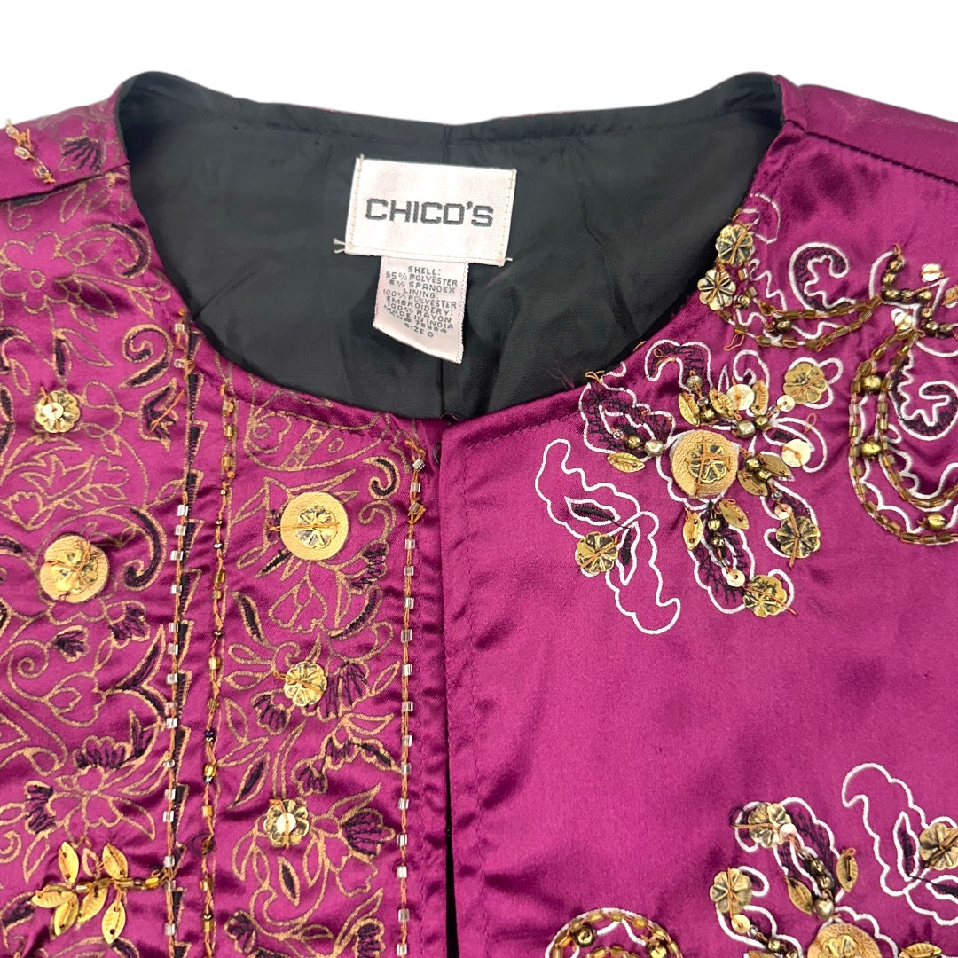 Chico's Purple Satin Jacket with Gold Floral Embellishments