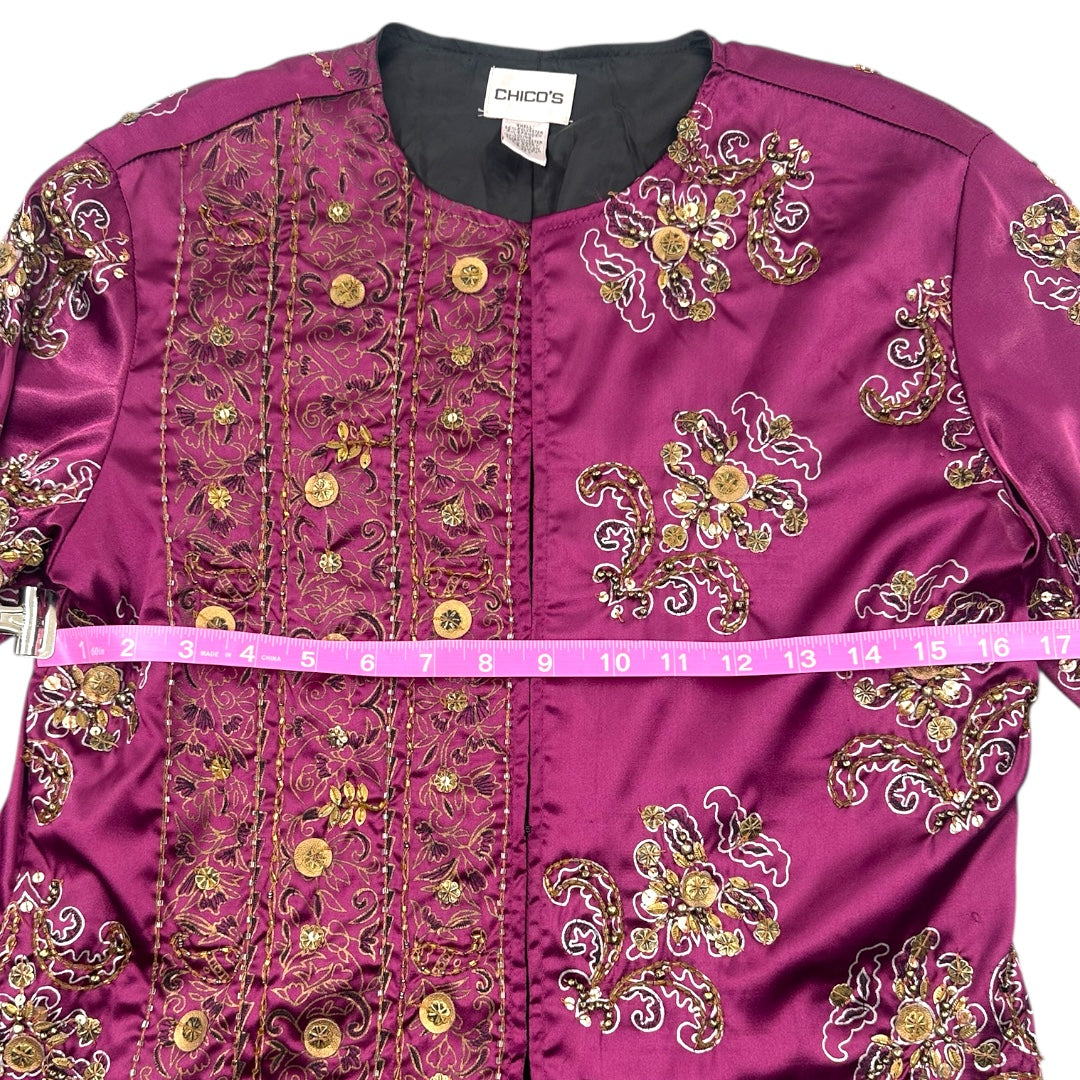 Chico's Purple Satin Jacket with Gold Floral Embellishments