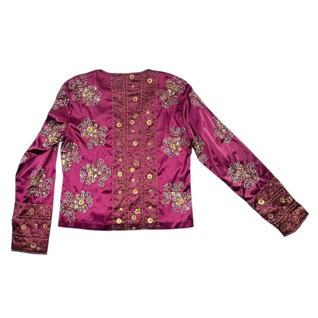 Chico's Purple Satin Jacket with Gold Floral Embellishments