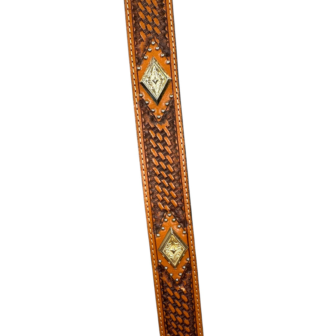 Western Style Tooled Leather Belt With Silver Eagle Buckle