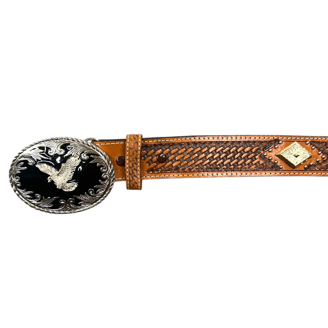Western Style Tooled Leather Belt With Silver Eagle Buckle