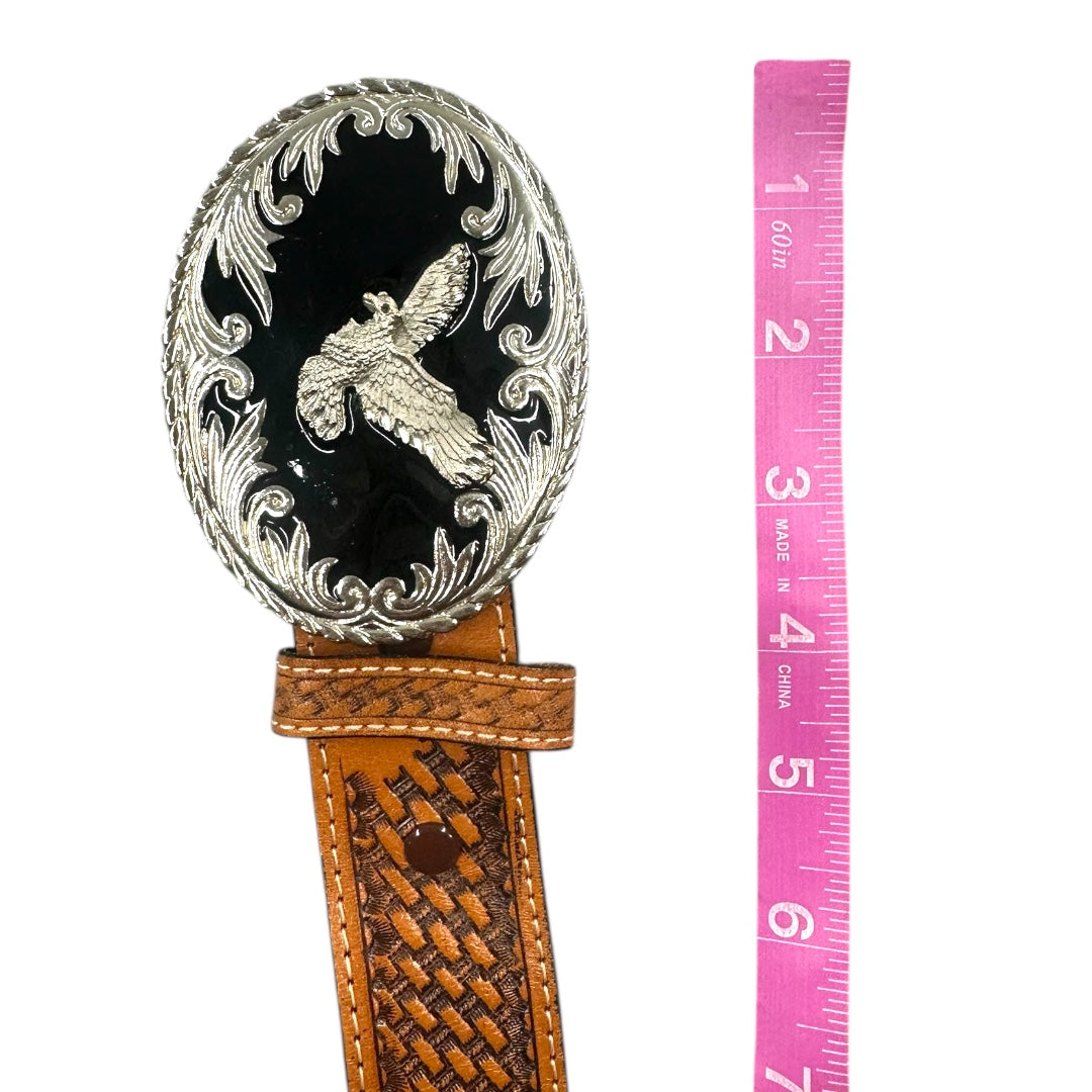 Western Style Tooled Leather Belt With Silver Eagle Buckle