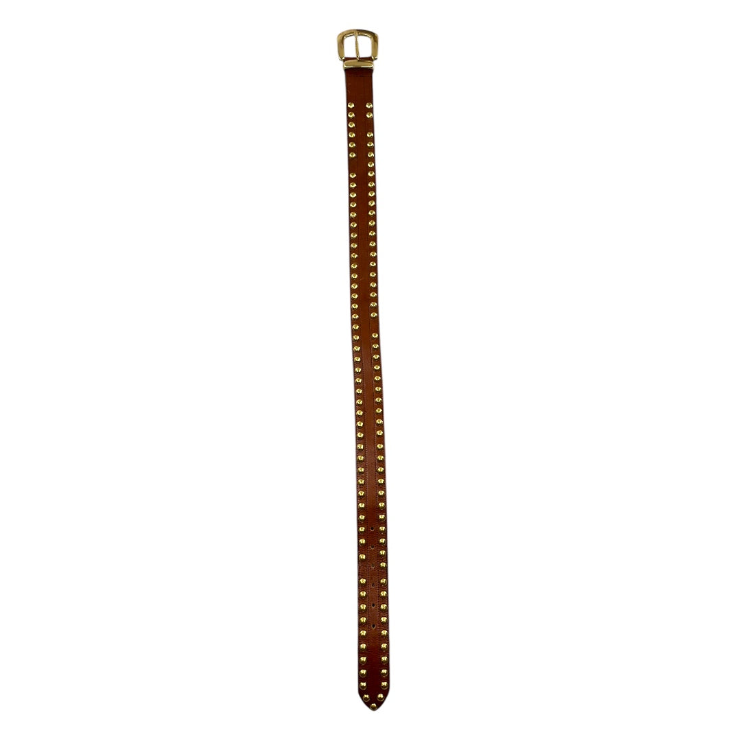Studded Brown Leather Belt With Gold Toned Buckle