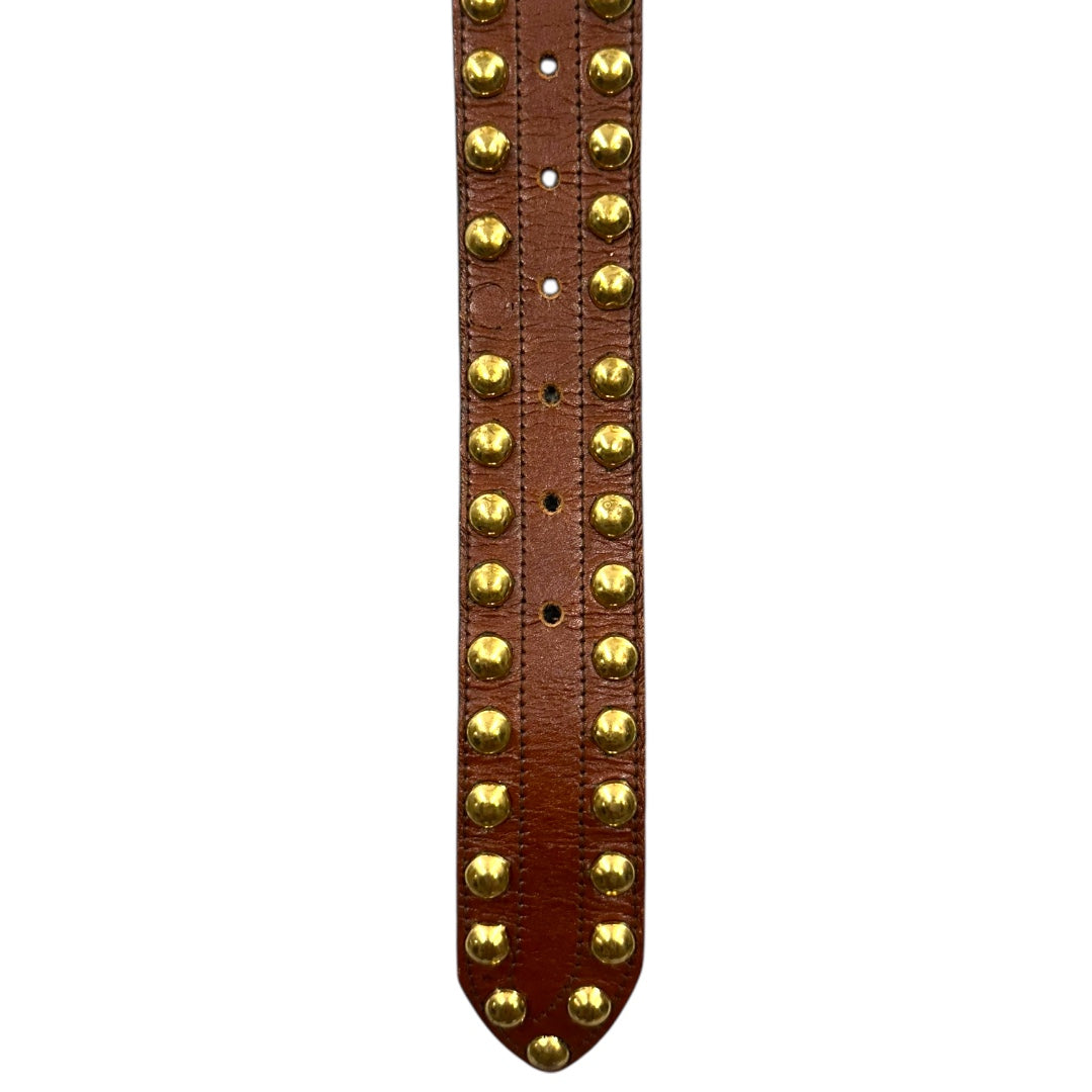 Studded Brown Leather Belt With Gold Toned Buckle