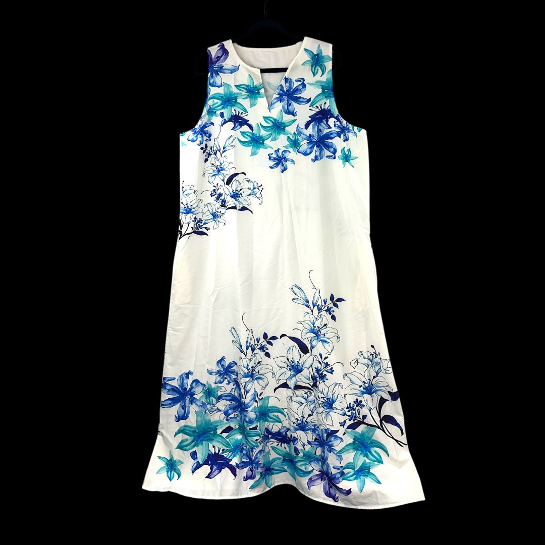 White Sleeveless Maxi Dress With Blue Floral Print