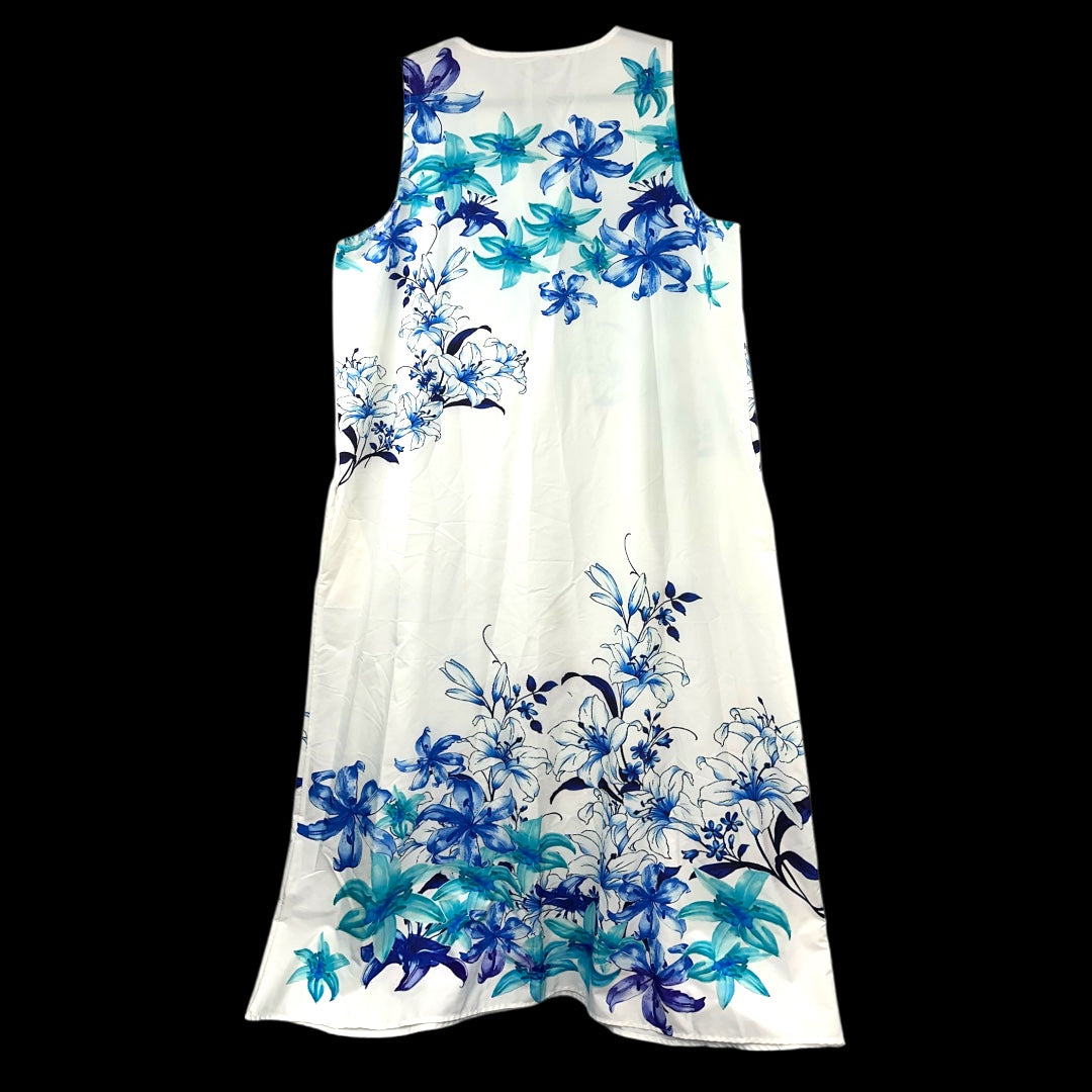 White Sleeveless Maxi Dress With Blue Floral Print