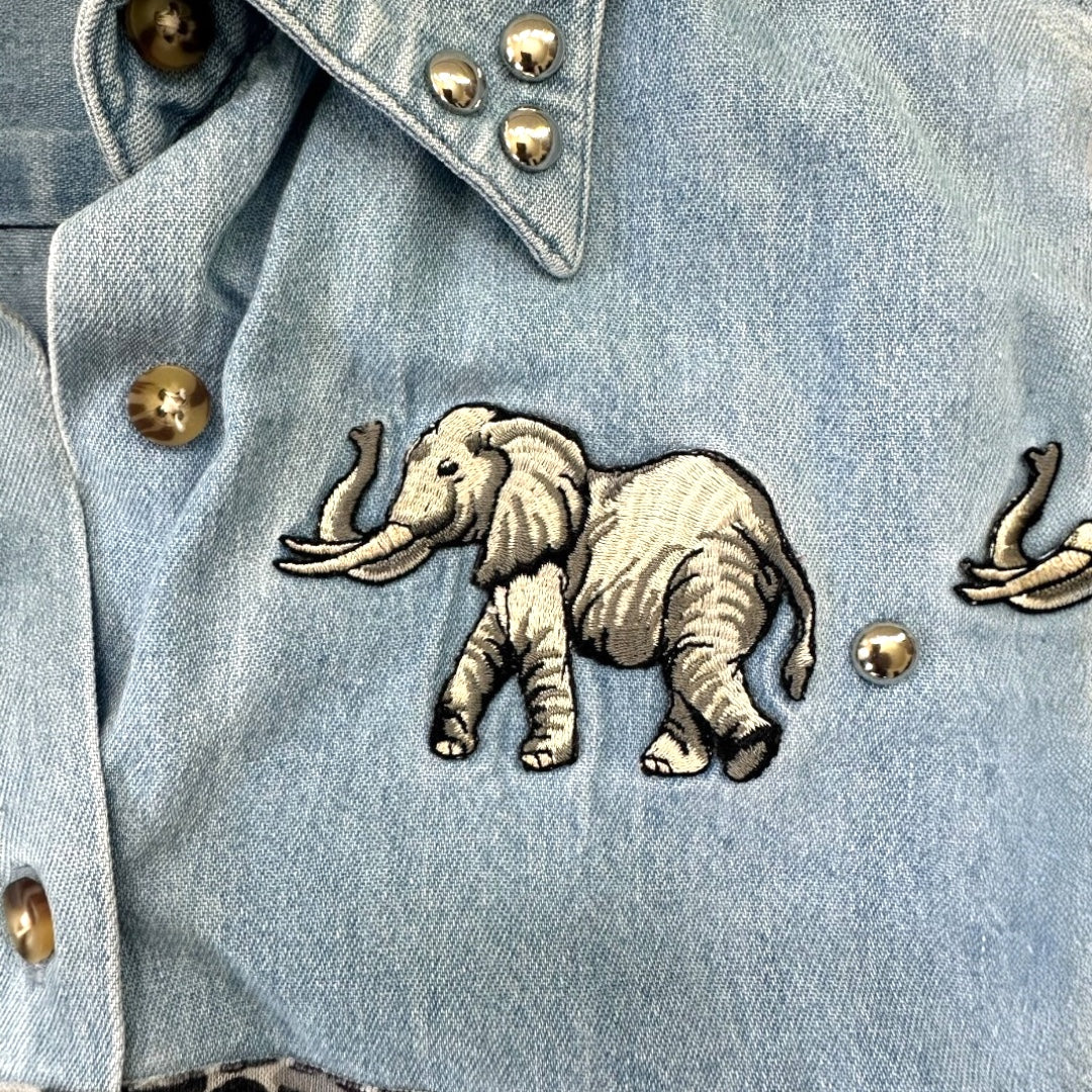 Vintage Christopher & Banks Denim Button Up With Embroidered Elephants