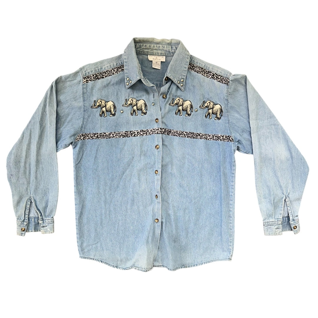 Vintage Christopher & Banks Denim Button Up With Embroidered Elephants