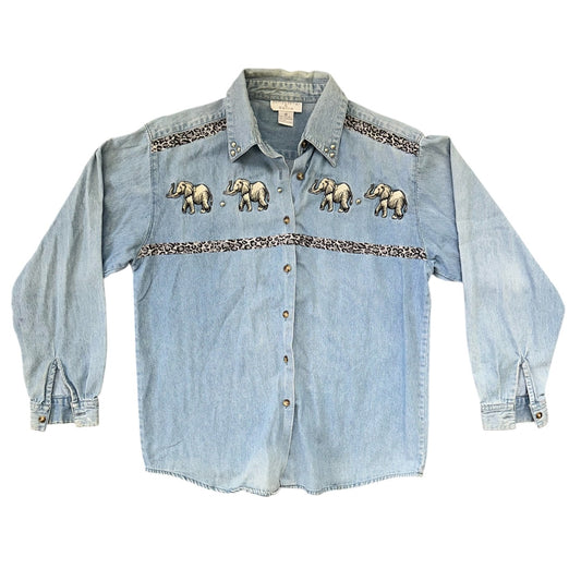 Vintage Christopher & Banks Denim Button Up With Embroidered Elephants