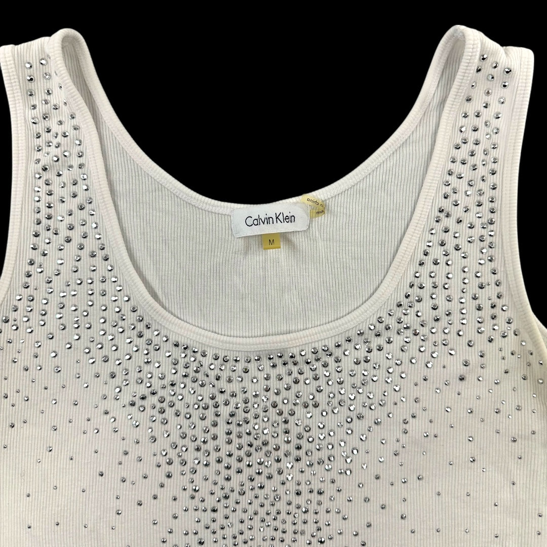 Calvin Klein White Ribbed Rhinestone Tank Top