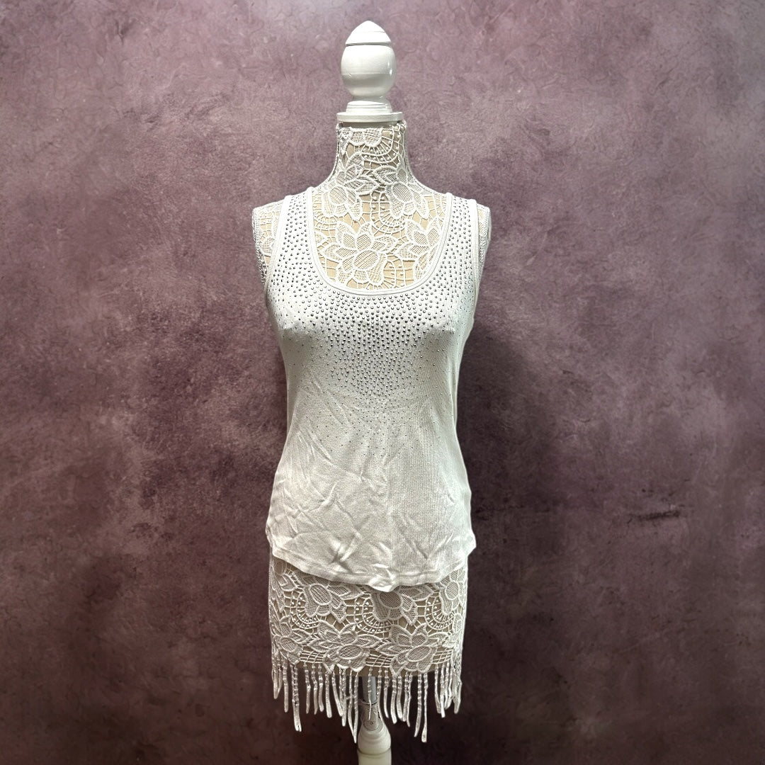 Calvin Klein White Ribbed Rhinestone Tank Top