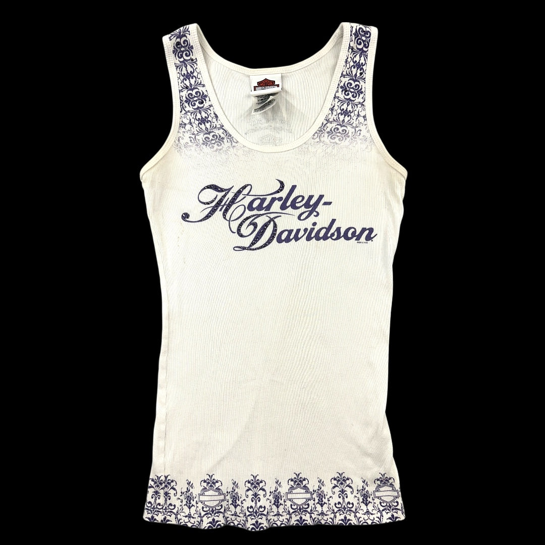 Harley Davidson White Ribbed Tank Top with Purple Script Logo