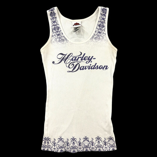 Harley Davidson White Ribbed Tank Top with Purple Script Logo
