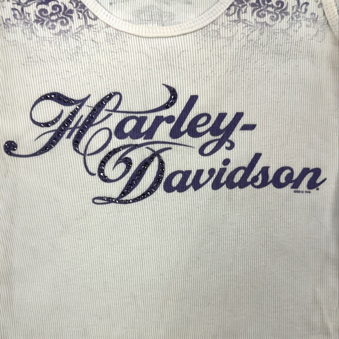 Harley Davidson White Ribbed Tank Top with Purple Script Logo