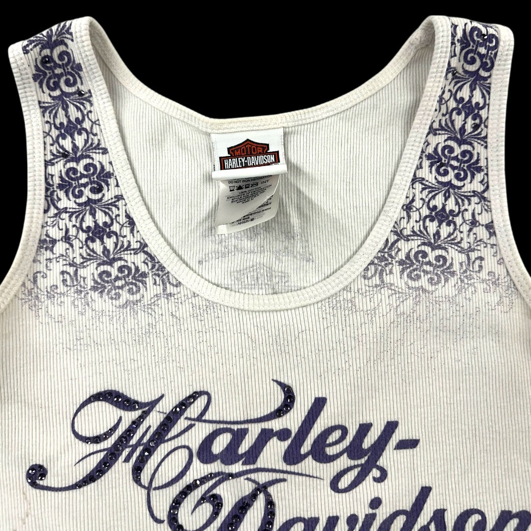 Harley Davidson White Ribbed Tank Top with Purple Script Logo