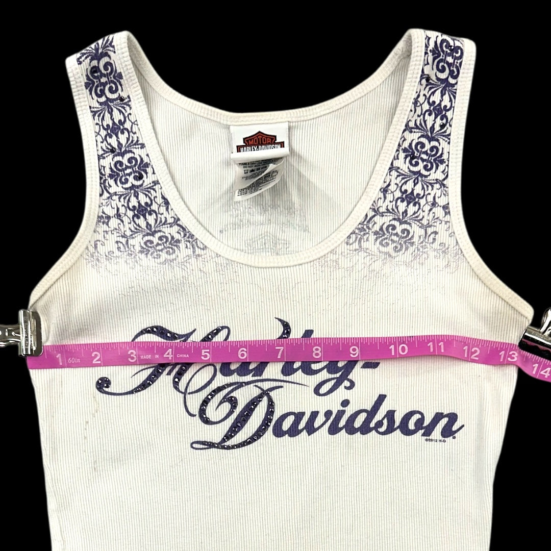 Harley Davidson White Ribbed Tank Top with Purple Script Logo
