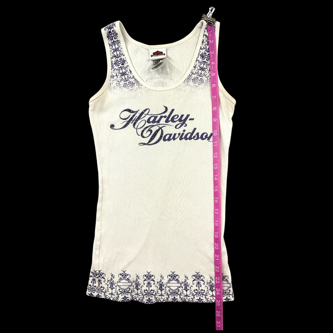 Harley Davidson White Ribbed Tank Top with Purple Script Logo