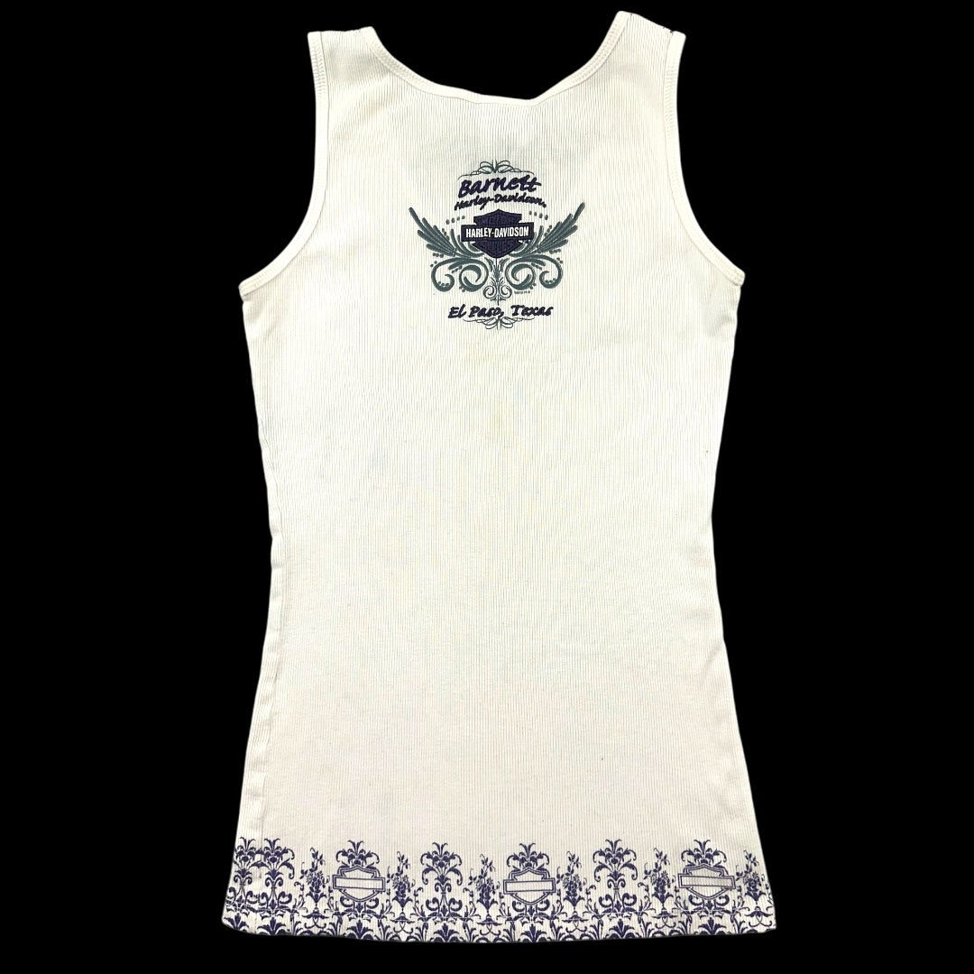 Harley Davidson White Ribbed Tank Top with Purple Script Logo