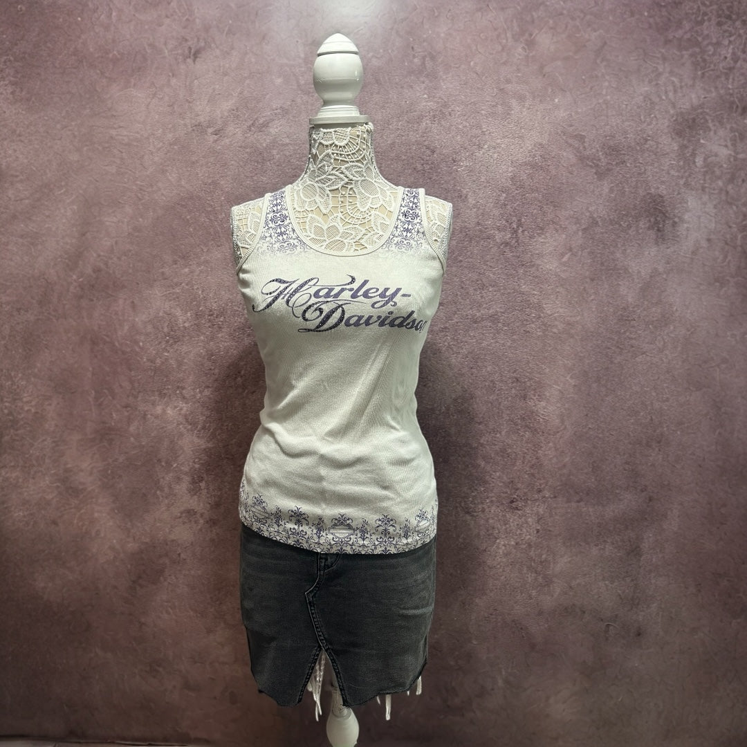 Harley Davidson White Ribbed Tank Top with Purple Script Logo