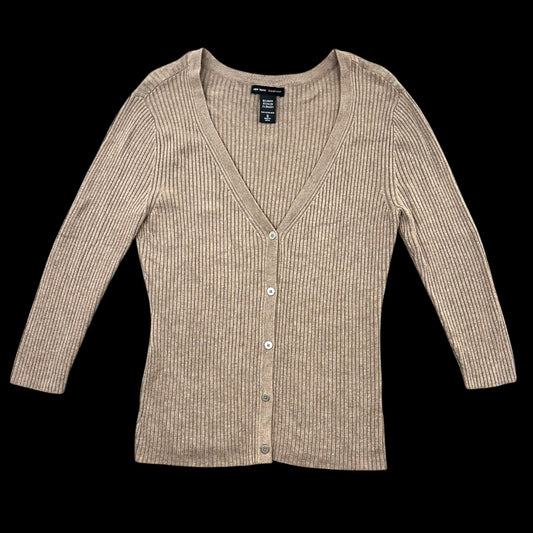 New York & Company Ribbed Beige V Neck Cardigan