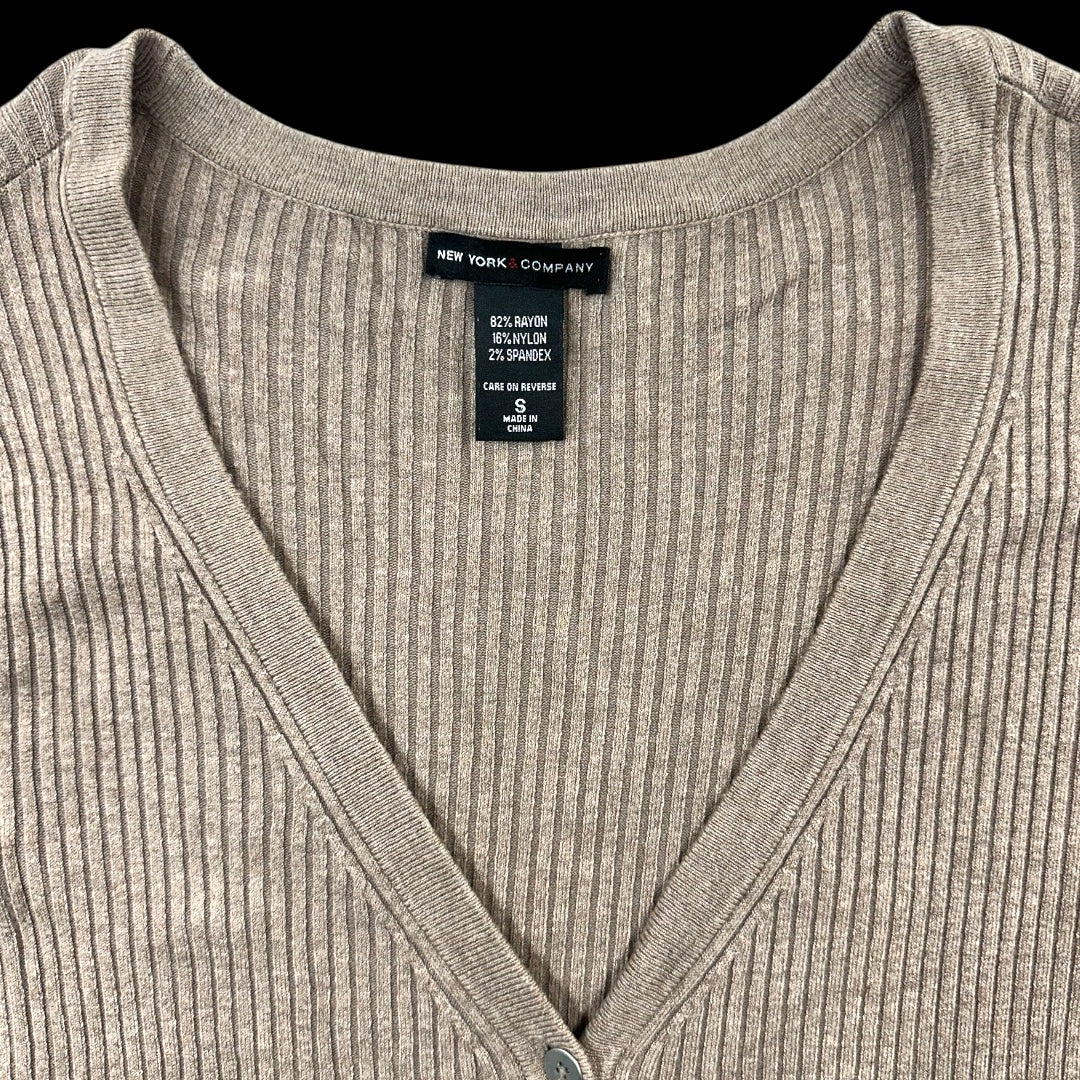 New York & Company Ribbed Beige V Neck Cardigan