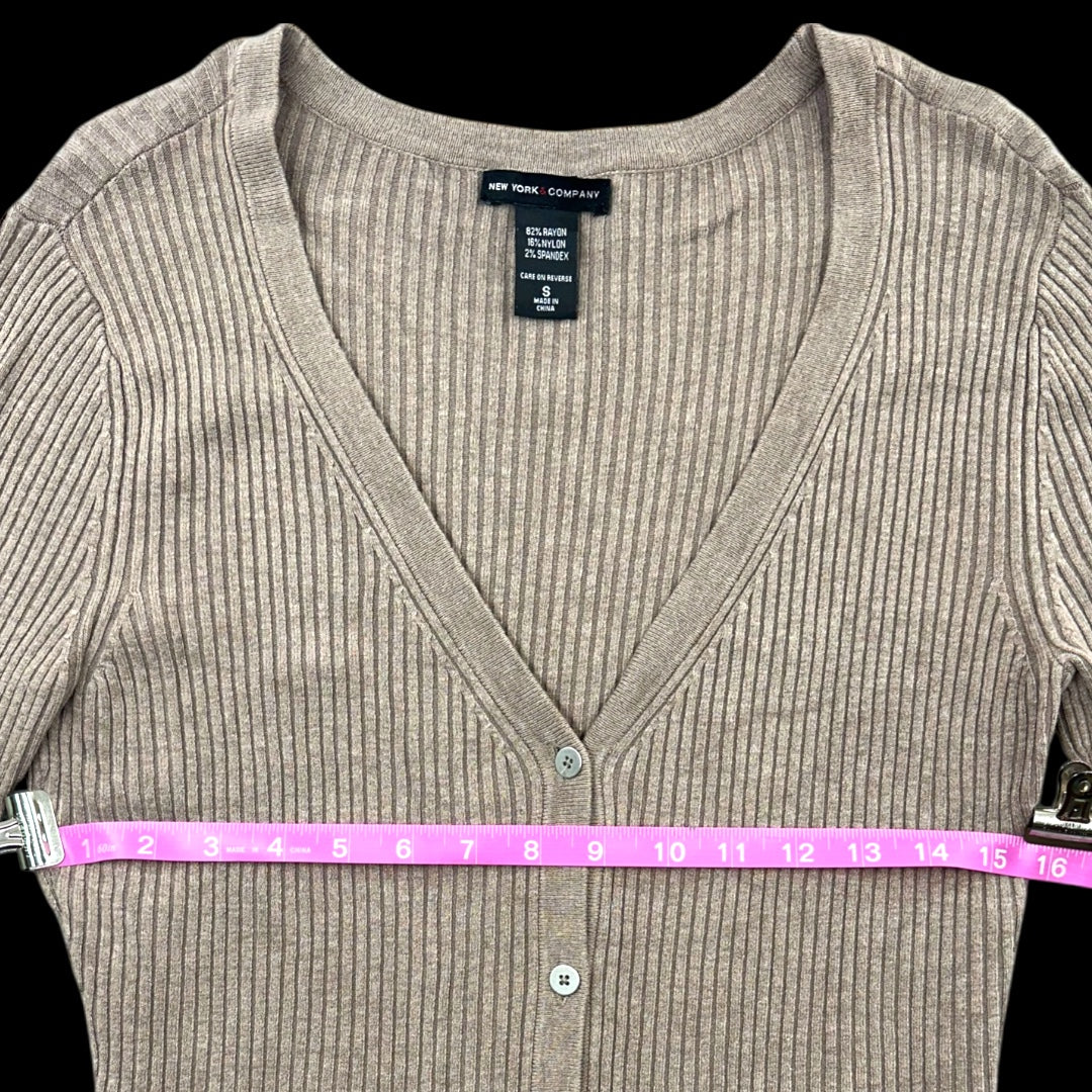 New York & Company Ribbed Beige V Neck Cardigan
