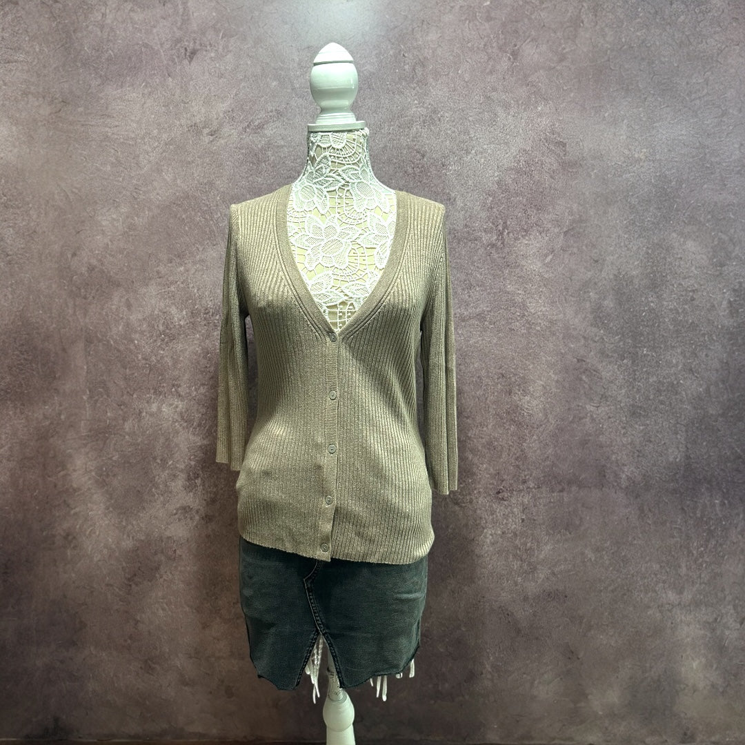 New York & Company Ribbed Beige V Neck Cardigan