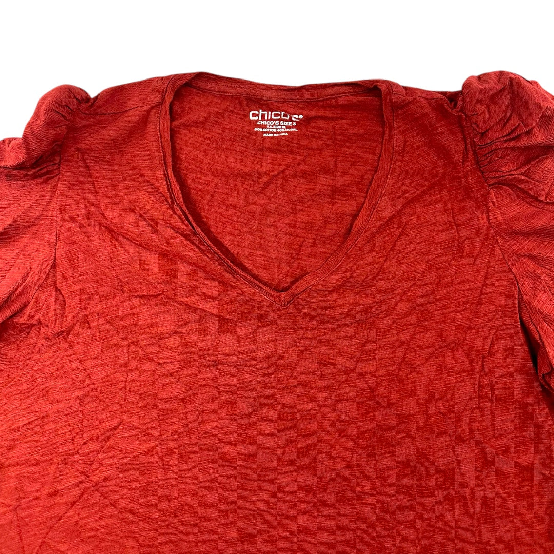 Chico's Red V Neck Top With Ruched Sleeves