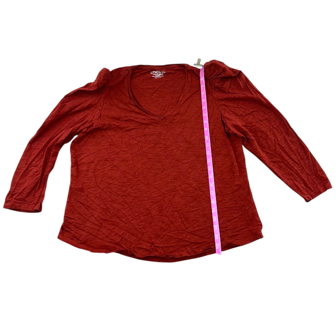 Chico's Red V Neck Top With Ruched Sleeves