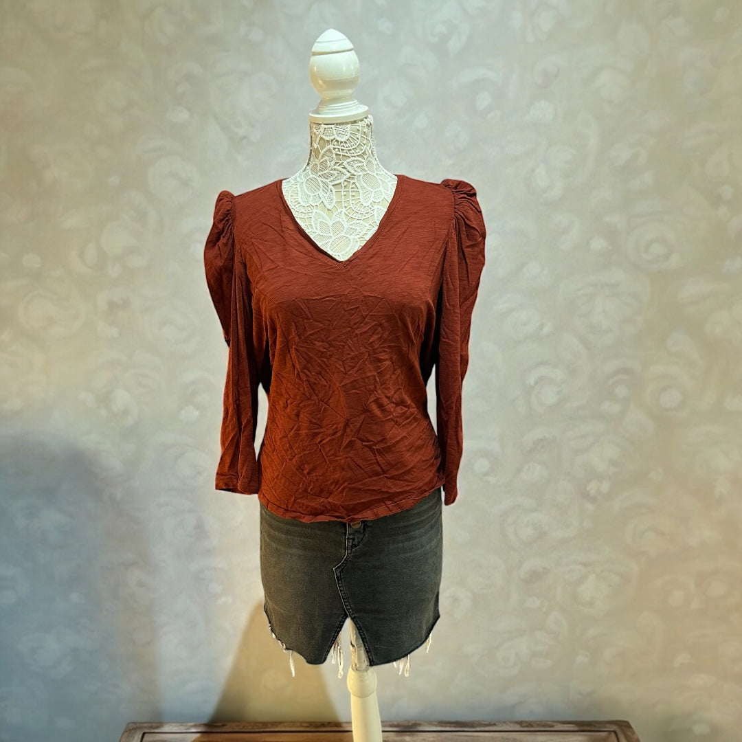 Chico's Red V Neck Top With Ruched Sleeves