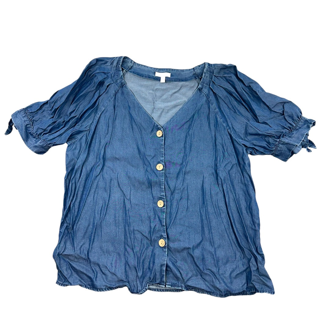 Lauren Conrad Denim V Neck Button Up Puff Sleeve Blouse