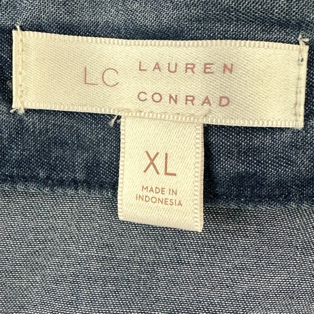 Lauren Conrad Denim V Neck Button Up Puff Sleeve Blouse