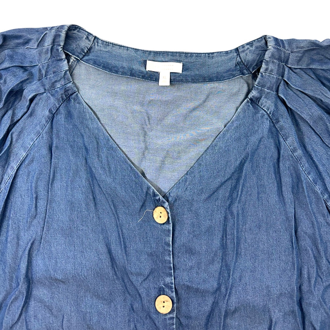 Lauren Conrad Denim V Neck Button Up Puff Sleeve Blouse
