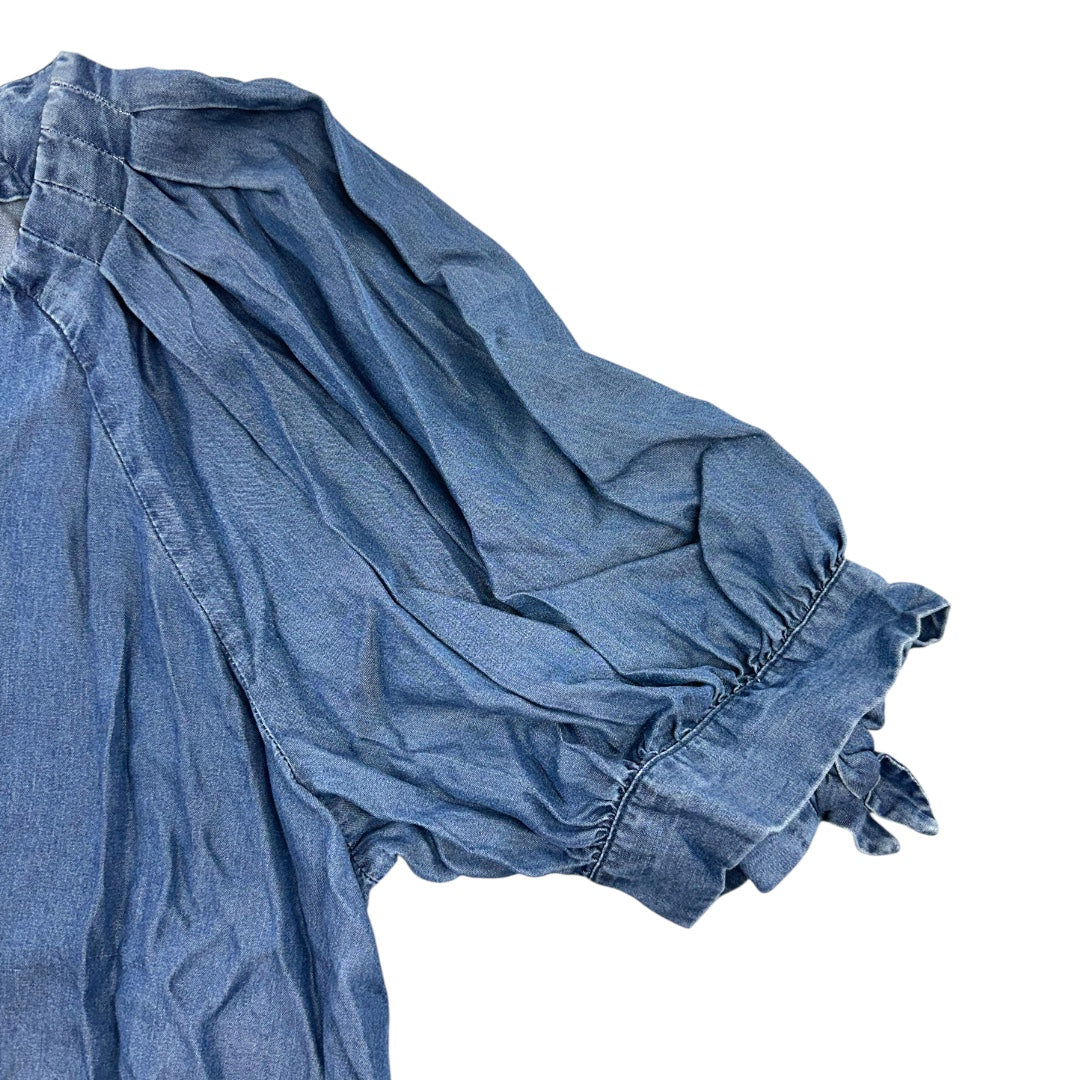Lauren Conrad Denim V Neck Button Up Puff Sleeve Blouse