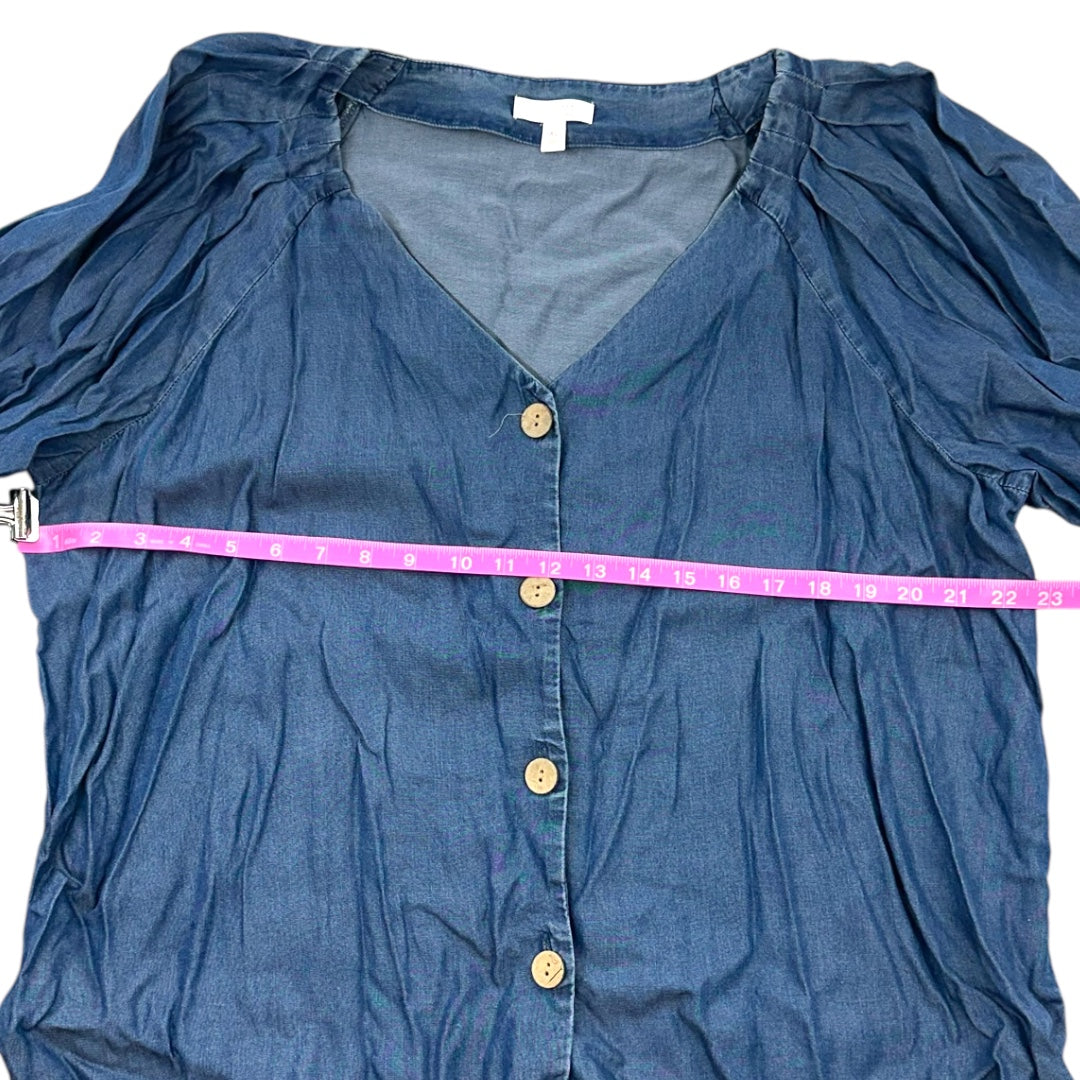 Lauren Conrad Denim V Neck Button Up Puff Sleeve Blouse