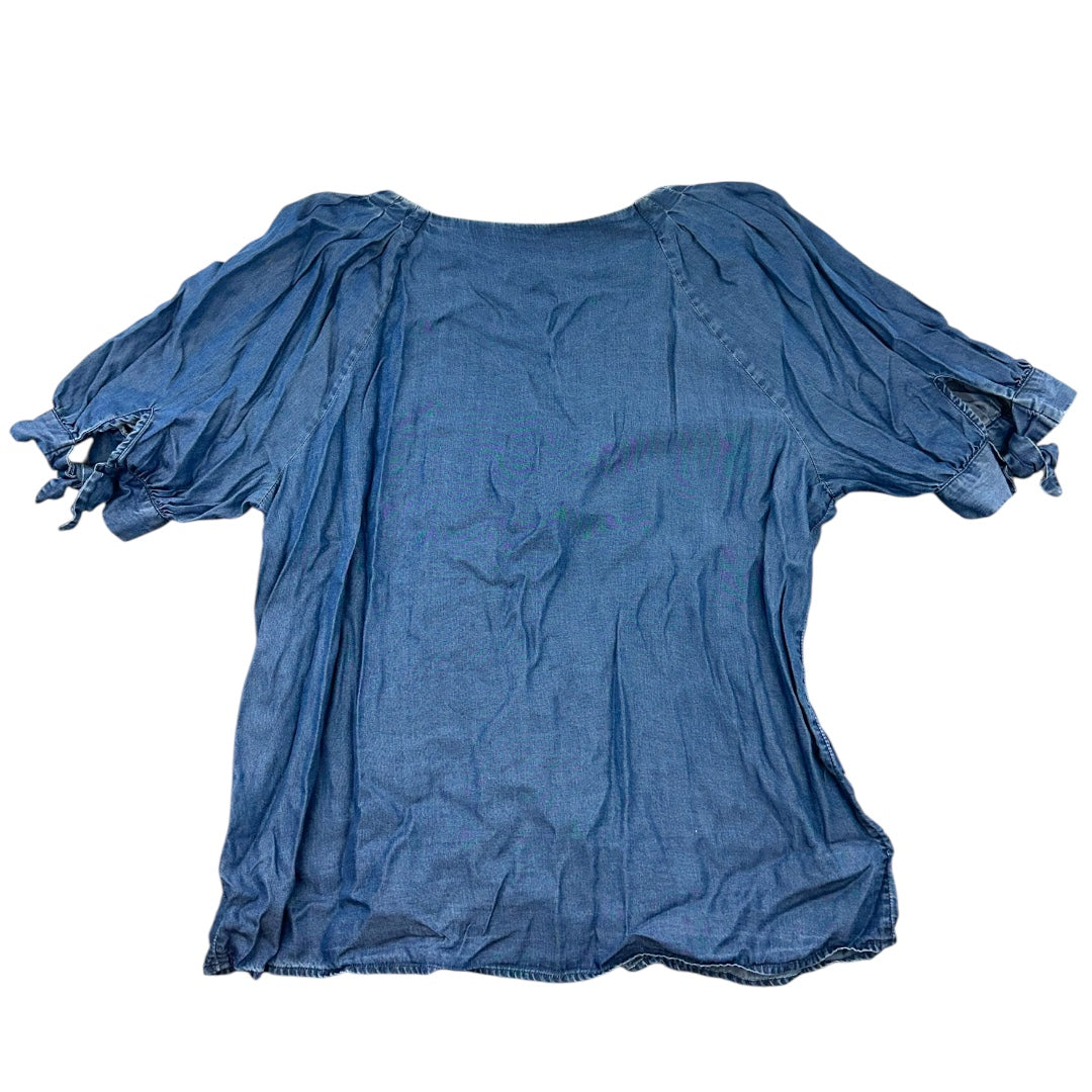 Lauren Conrad Denim V Neck Button Up Puff Sleeve Blouse