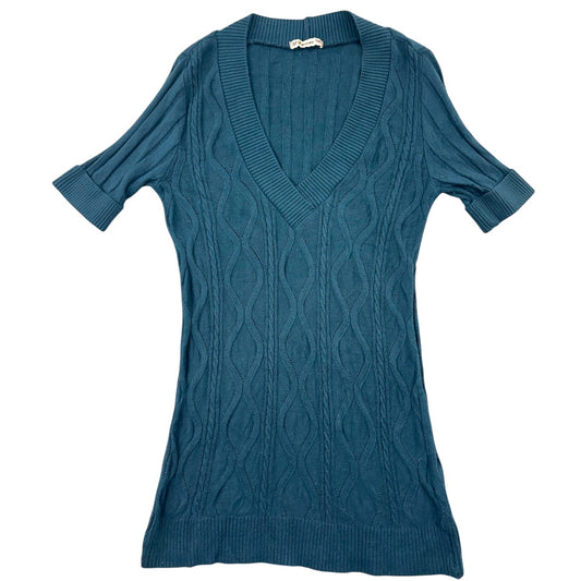 Forever Teal Cable Knit V Neck Fabric