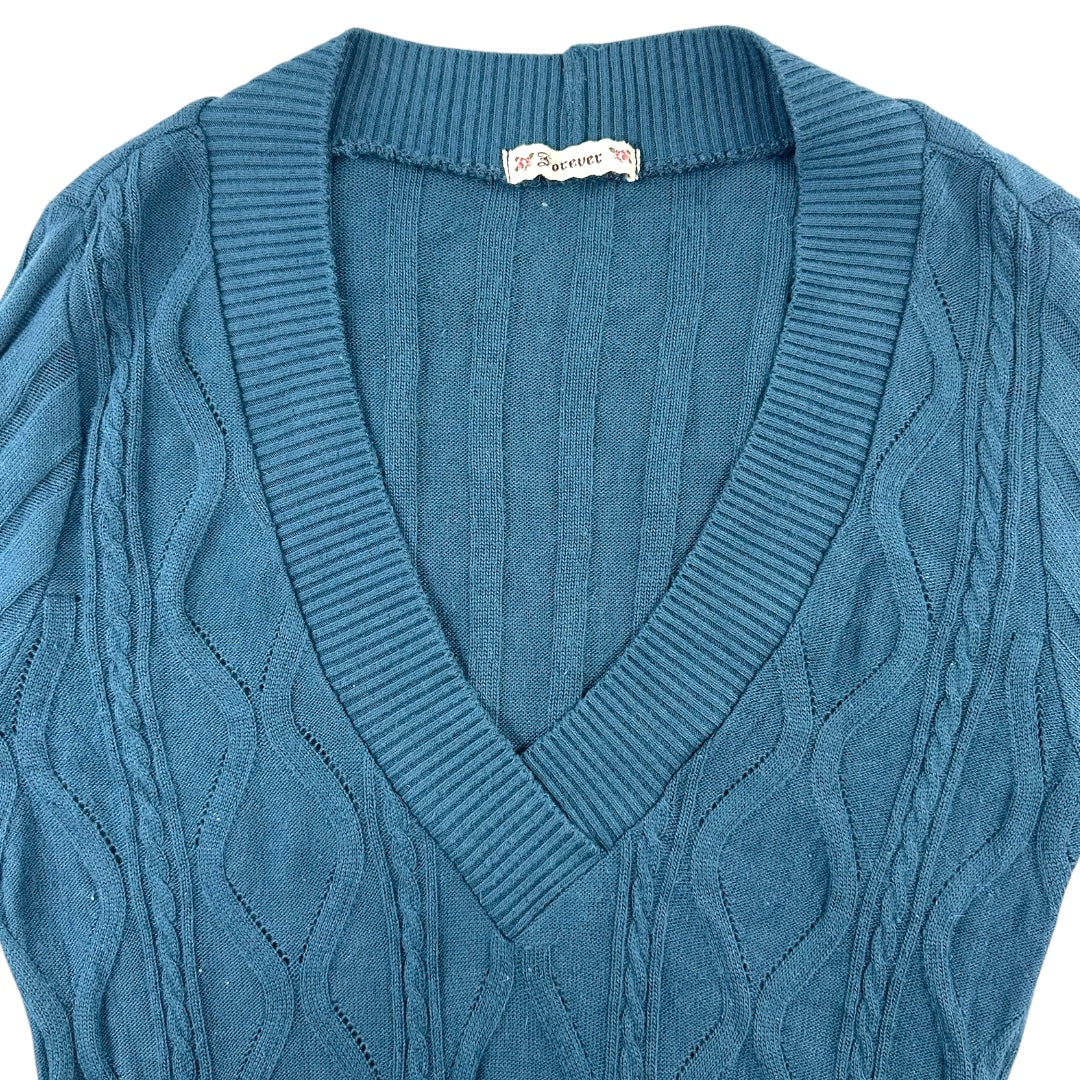 Forever Teal Cable Knit V Neck Fabric