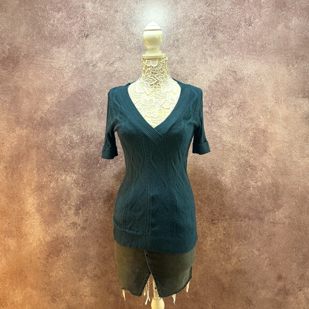 Forever Teal Cable Knit V Neck Fabric