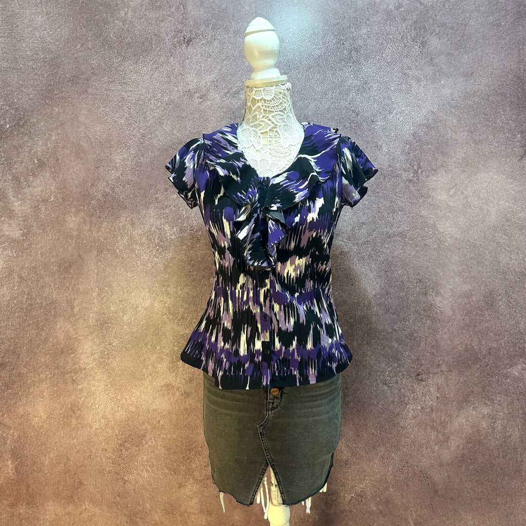 Y2K Abstract Print Ruffled Short Sleeve Blouse