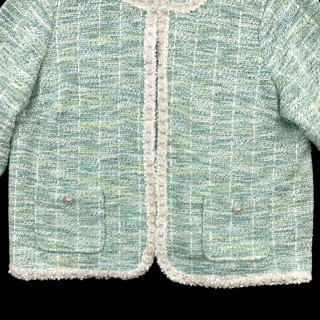 Alfred Dunner Mint Boucle Knit Jacket with Pearl Trim