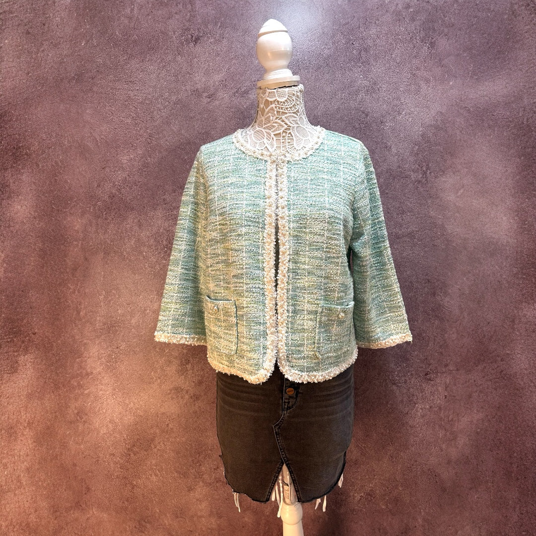 Alfred Dunner Mint Boucle Knit Jacket with Pearl Trim