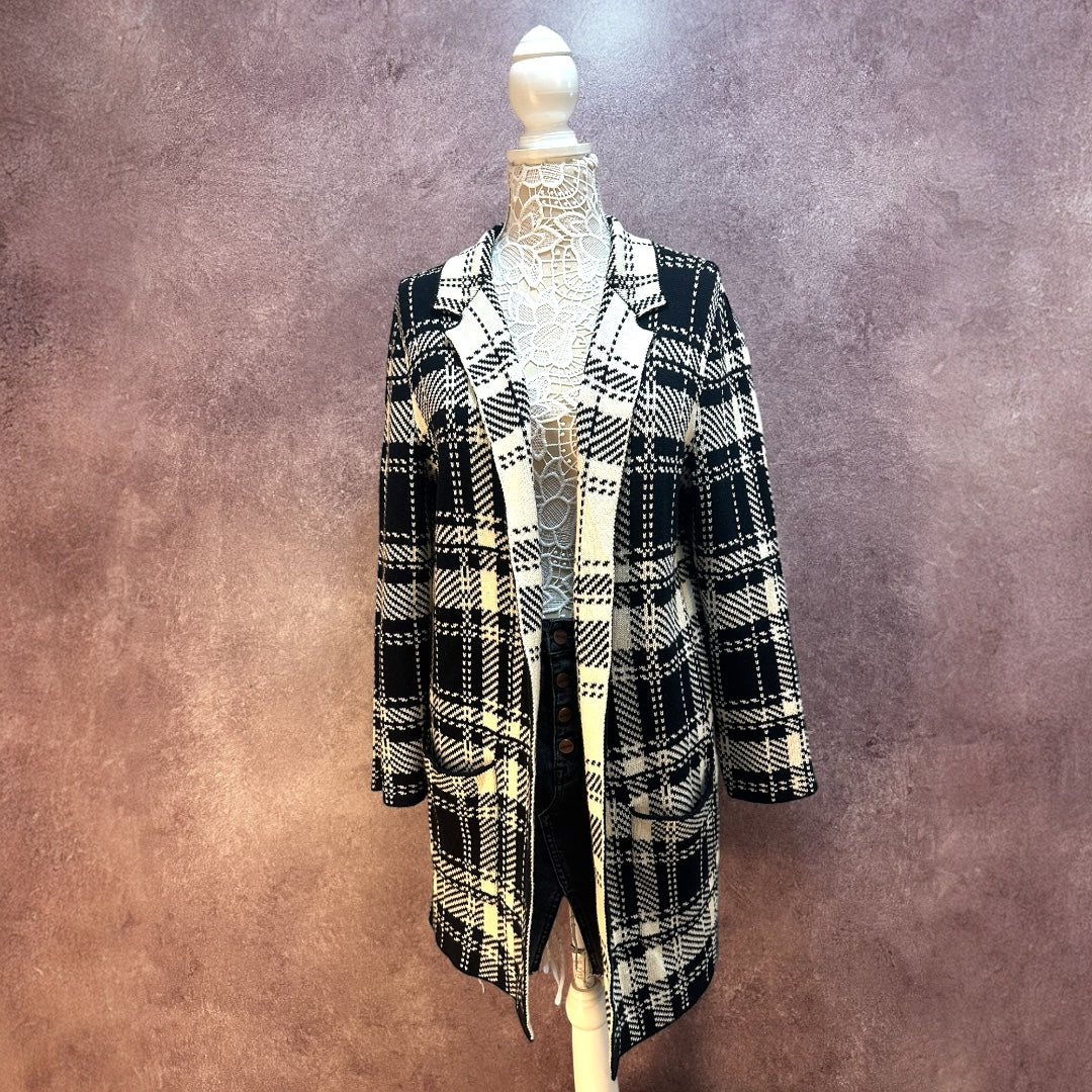 Chaps Plaid Houndstooth Print Duster Overcoat Sweater