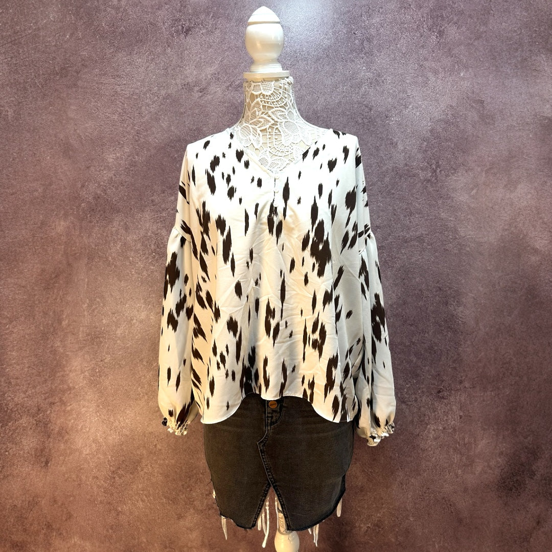 Alfani White and Brown Abstract Animal Print Blouse