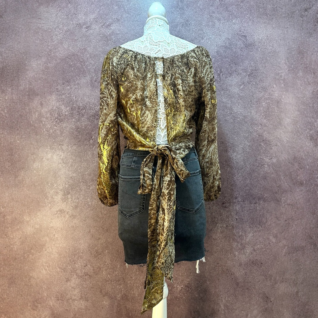 BCBGMaxAzria Sheer Brown and Gold Metallic Tie Front Blouse