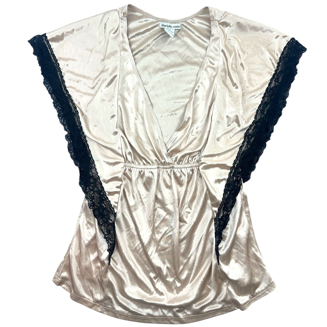 Y2K Charlotte Russe Satin Butterfly Sleeve Top with Lace Trim