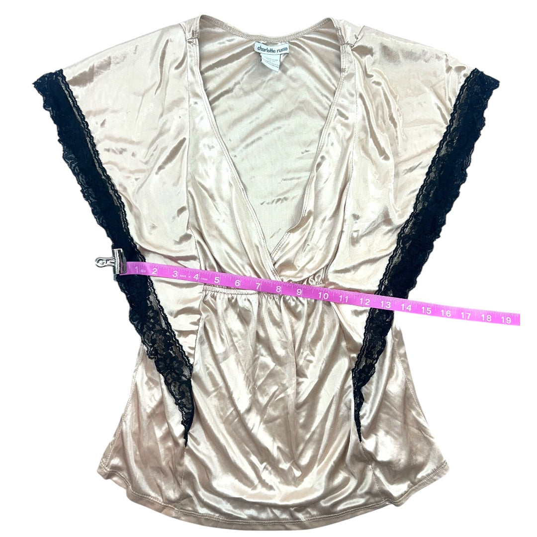 Y2K Charlotte Russe Satin Butterfly Sleeve Top with Lace Trim