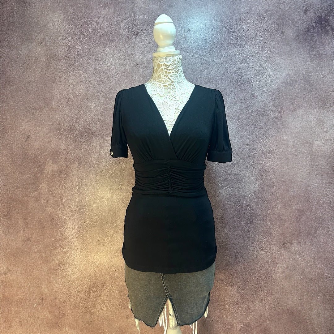 Black Ruched V Neck Top