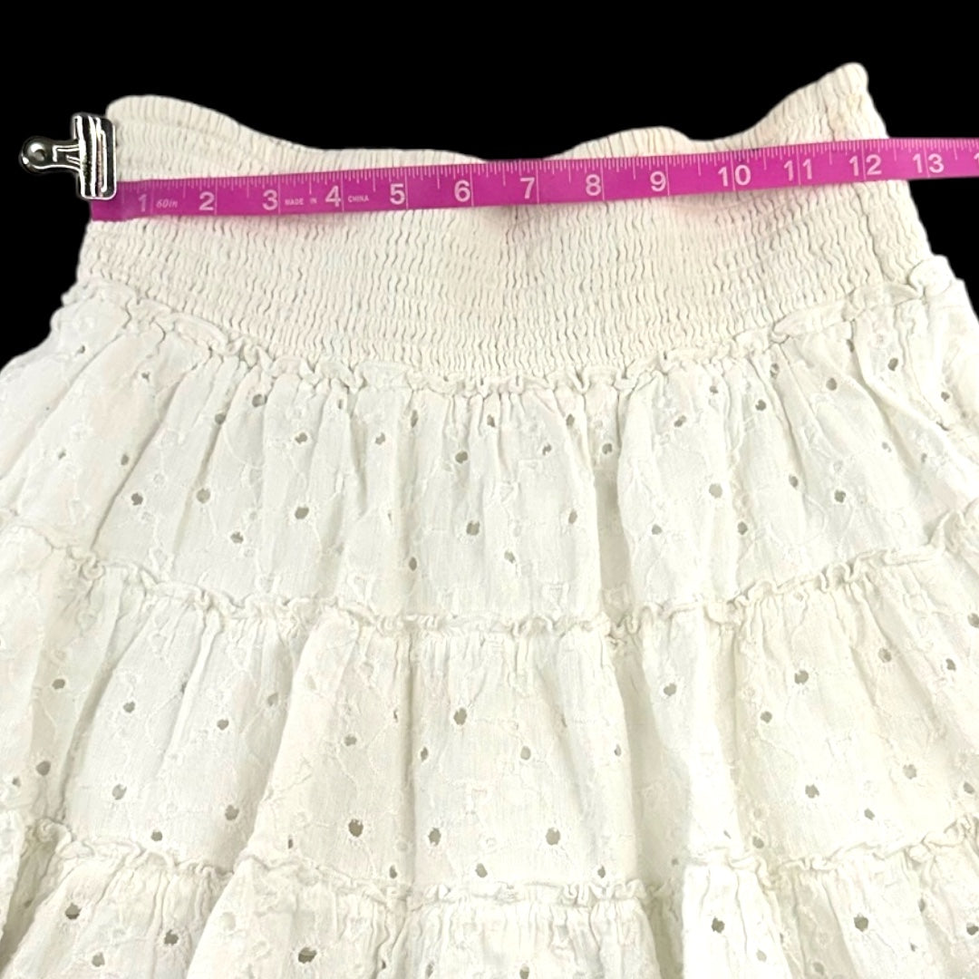 American Eagle Outfitters White Eyelet Tiered Mini Skirt with Smocked Waistband