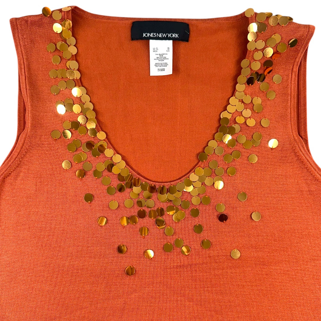 Jones New York Orange Sleeveless Tank Top with Sequin Neckline NWT